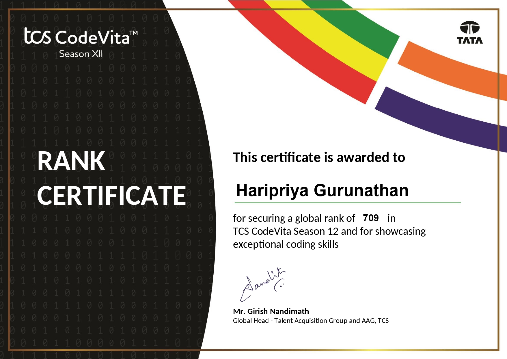 TCS CodeVita Rank Certificate